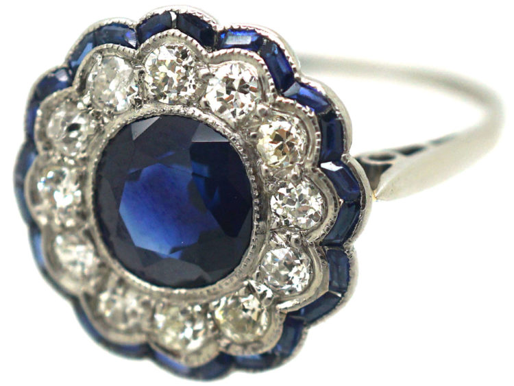 Art Deco Platinum, Diamond & Sapphire Cluster Ring