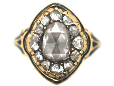 Victorian 18ct Gold & Black Enamel, Rose Diamond Ring with Pear Shaped Rose Diamond in the Centre