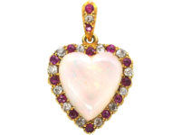 Edwardian 18ct Gold Heart Shaped Opal Diamond & Ruby Pendant