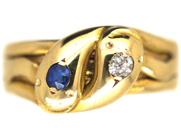 Victorian 18ct Gold Double Snake Ring set with a Sapphire & a Diamond