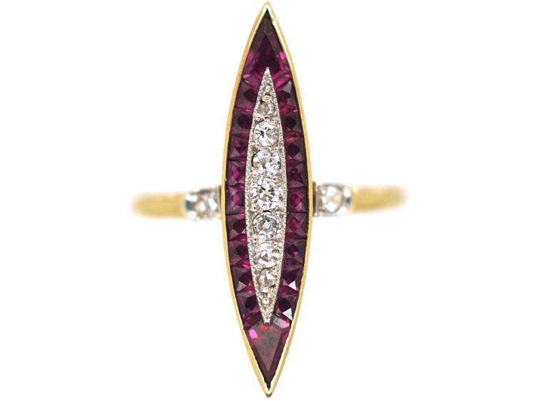 Art Deco 18ct Gold & Platinum Diamond & Ruby Marquise Ring