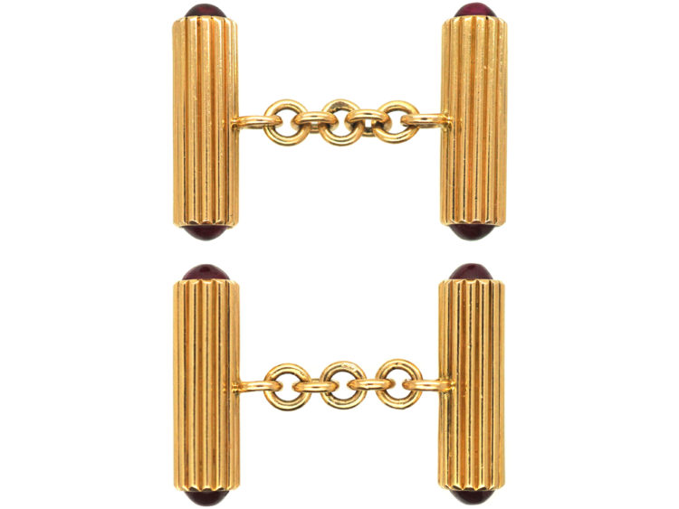 French Art Deco 18ct Gold & Cabochon Ruby Cufflinks