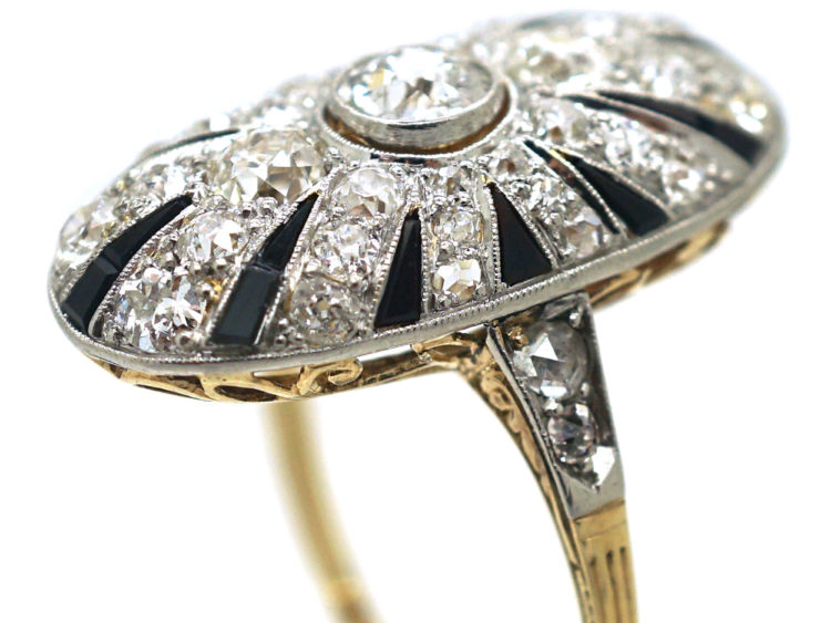 Art Deco 18ct Gold & Platinum Diamond & Onyx Oval Ring