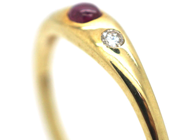 14ct Gold Ruby & Diamond Three Stone Rub Over Set Ring