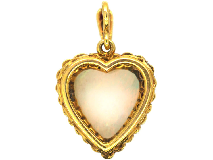 Edwardian 18ct Gold Heart Shaped Opal Diamond & Ruby Pendant