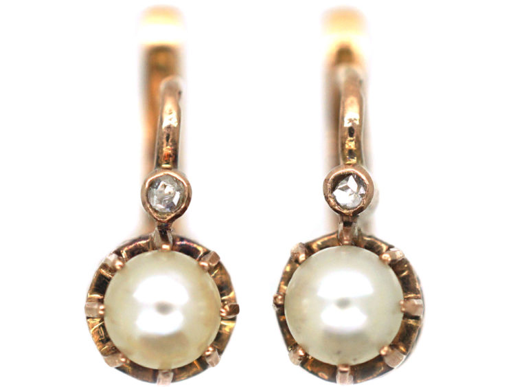 18ct Gold, Natural Pearl & Rose Diamond Earrings