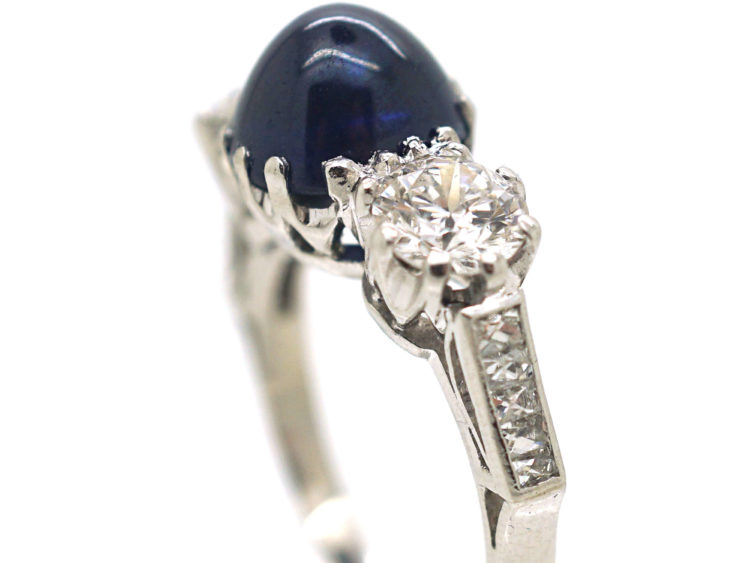 Art Deco Platinum, Cabochon Sapphire & Diamond Three Stone Ring