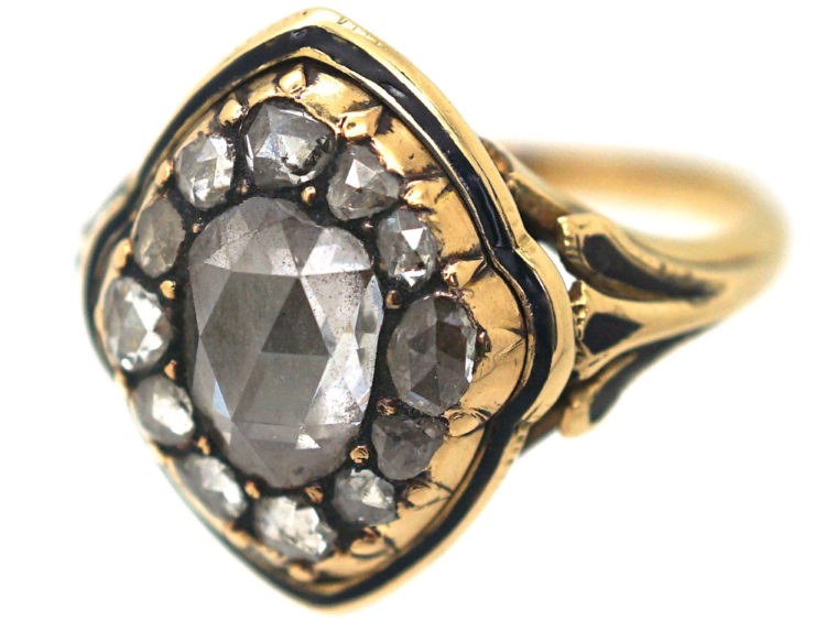Victorian 18ct Gold & Black Enamel, Rose Diamond Ring with Pear Shaped Rose Diamond in the Centre