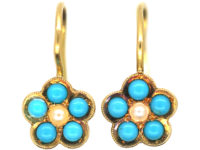 Edwardian 18ct Gold, Turquoise & Natural Split Pearl Forget Me Not Flower Earrings