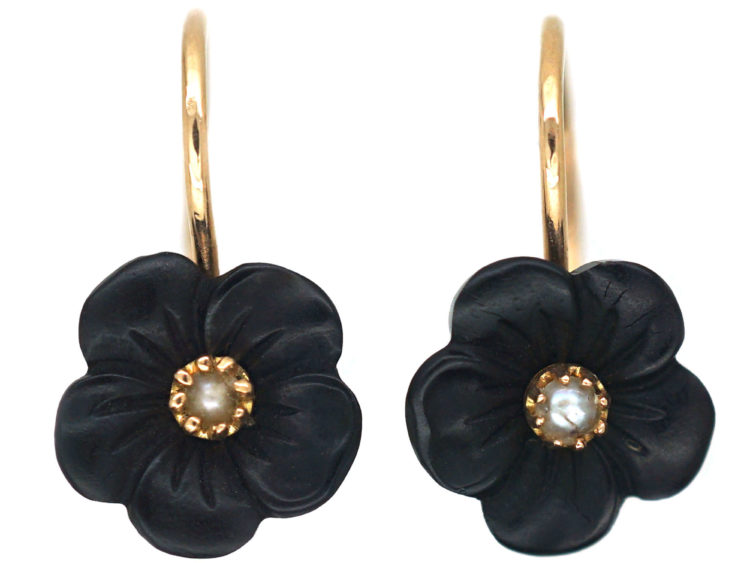 Edwardian 18ct Gold, Onyx & Natural Split Pearl Flower Earrings