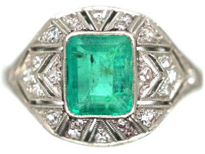 Art Deco Platinum Emerald & Diamond Ring