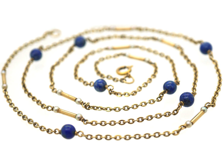 Edwardian 9ct Gold, Lapis Lazuli & Pearl Chain