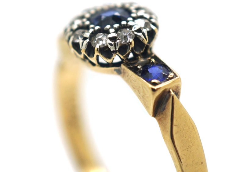 Edwardian 18ct Gold, Sapphire & Diamond Cluster Ring with Sapphire Shoulders
