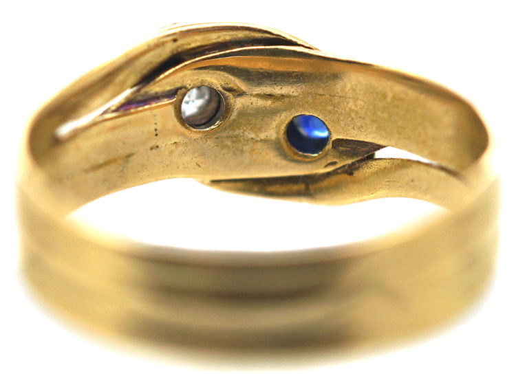 Victorian 18ct Gold Double Snake Ring set with a Sapphire & a Diamond