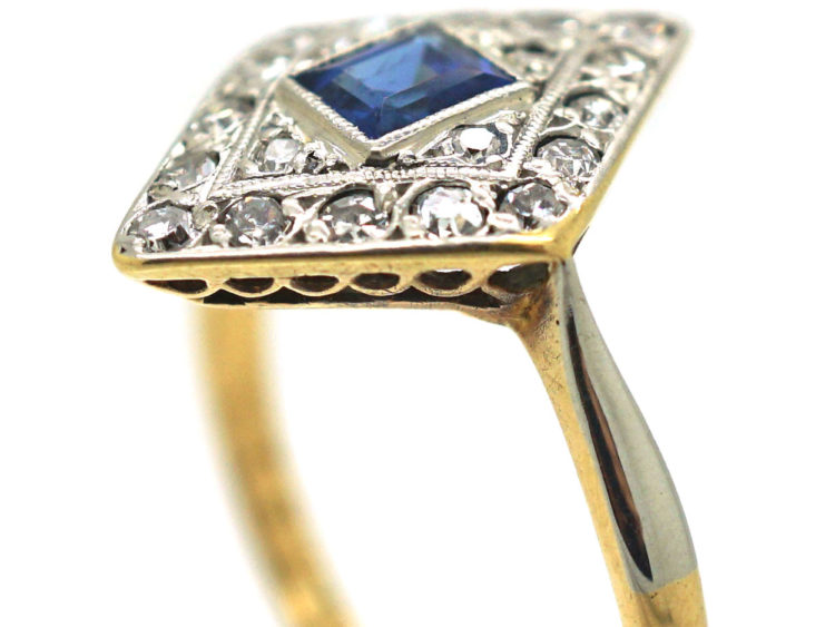 Art Deco 18ct Gold & Platinum, Diamond Shape Sapphire & Diamond Ring
