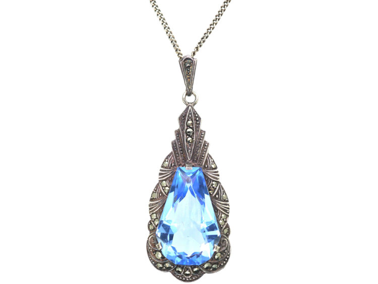 Art Deco Silver & Synthetic Pear Shaped Blue Spinel Pendant on a Silver Chain