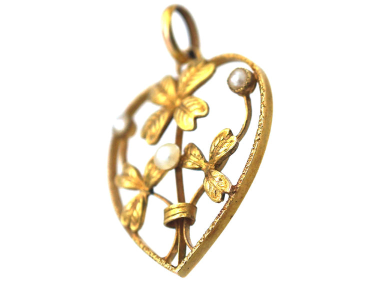 French Belle Epoque 18ct Gold Heart Pendant set with Natural Pearls