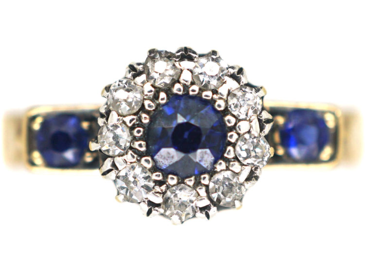 Edwardian 18ct Gold, Sapphire & Diamond Cluster Ring with Sapphire Shoulders