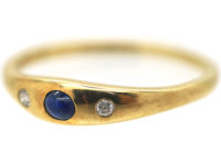 14ct Gold Cabochon Sapphire & Diamond Rub Over Set Ring