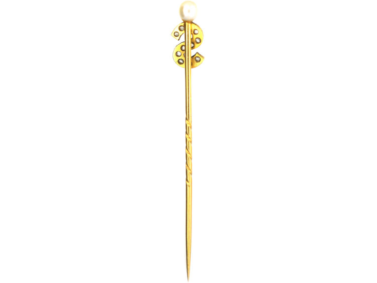 Edwardian 15ct Gold Tie Pin with an S & a Natural Pearl