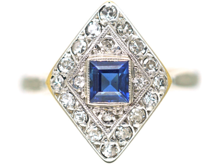 Art Deco 18ct Gold & Platinum, Diamond Shape Sapphire & Diamond Ring