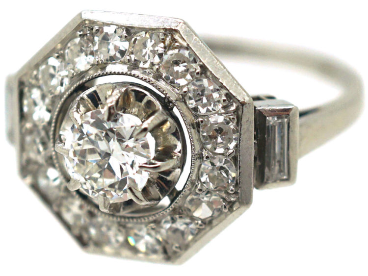 French Art Deco Platinum Octagonal Shaped Diamond Ring