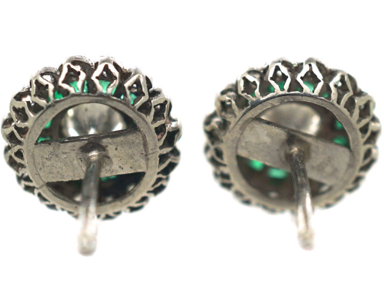 Art Deco 18ct Gold & Platinum, Emerald & Diamond Target Earrings