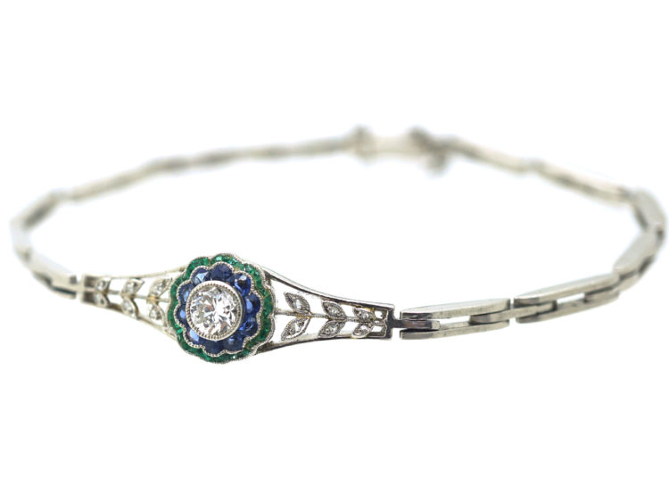 Art Deco Platinum, Diamond Emerald & Sapphire Bracelet