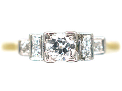 Art Deco 18ct gold & Platinum, Diamond Solitaire Ring with Diamond Set Shoulders