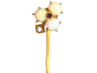 Edwardian 15ct Gold Opal, Ruby & Rose Diamond Trefoil Tie Pin