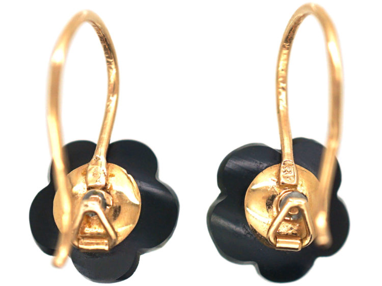Edwardian 18ct Gold, Onyx & Natural Split Pearl Flower Earrings