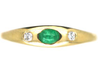 14ct Gold Diamond & Emerald Three Stone Rub Over Set Ring