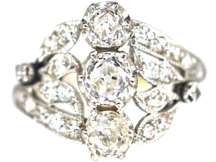 Belle Epoque 18ct Gold & Platinum Diamond Three Stone Ring with Leaf Shoulders
