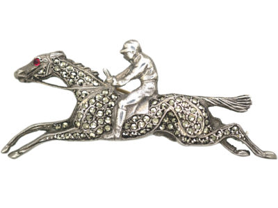 Silver & Marcasite Racehorse & Jockey Brooch