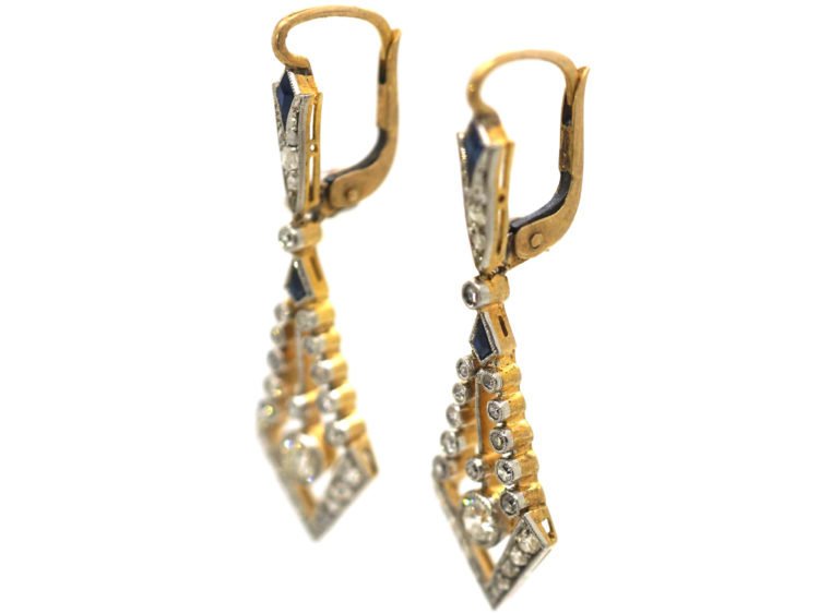 Art Deco 18ct Gold & Platinum, Sapphire & Diamond Drop Earrings