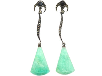 Art Deco Silver, Amazonite, Onyx & Marcasite Drop Earrings