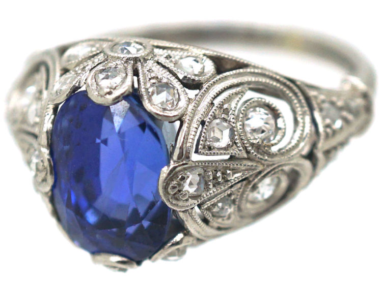 Art Deco Sapphire & Diamond Ring with Highly Ornate Mount