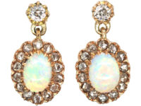 Edwardian 14ct Gold, Opal & Diamond Drop Cluster Earrings