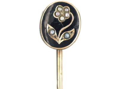 Victorian 9ct Gold & Black Enamel & Natural Split Pearl Forget me Not Tie Pin