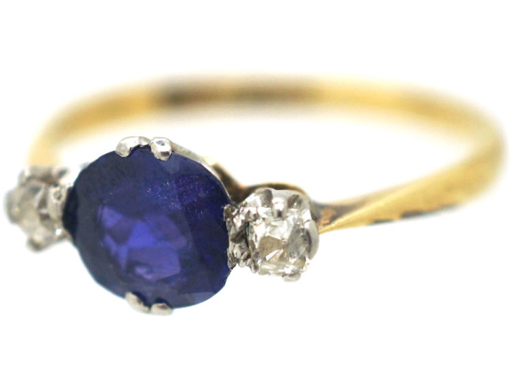 Edwardian 18ct Gold & Platinum, Colour Change Sapphire & Diamond Three Stone Ring