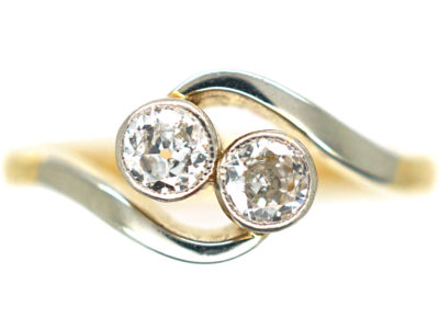 Edwardian 18ct Gold & Platinum Two Stone Diamond Crossover Ring