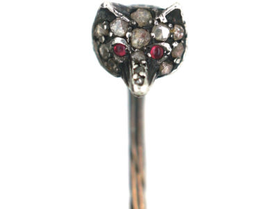 Edwardian Rose Diamond Fox Head Tie Pin with Ruby Eyes