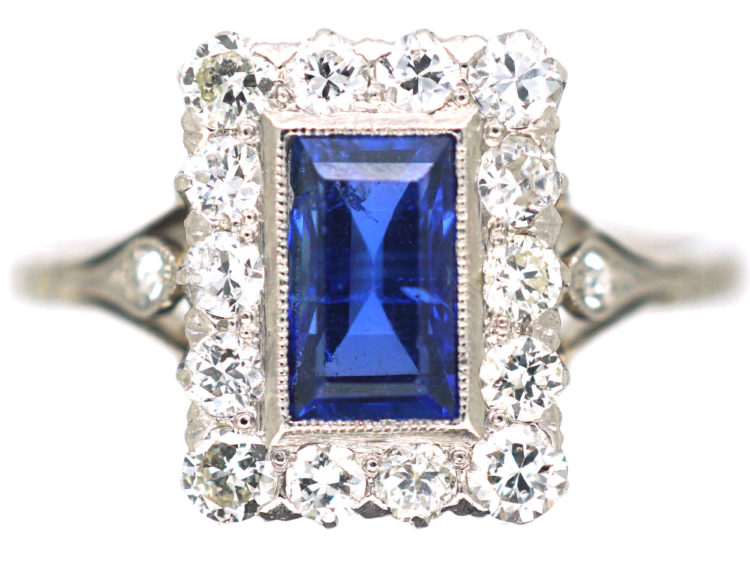 Art Deco Platinum Sapphire & Diamond Rectangular Shaped Ring