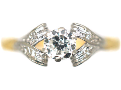 Art Deco 18ct Gold & Platinum, Diamond Solitaire Ring with Bow Shoulders