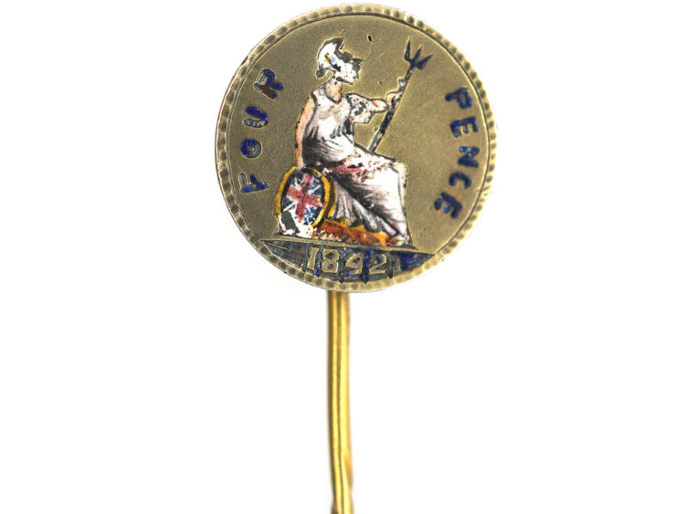 Victorian Silver Gilt & Enamel Four Pence Brittania Tie Pin