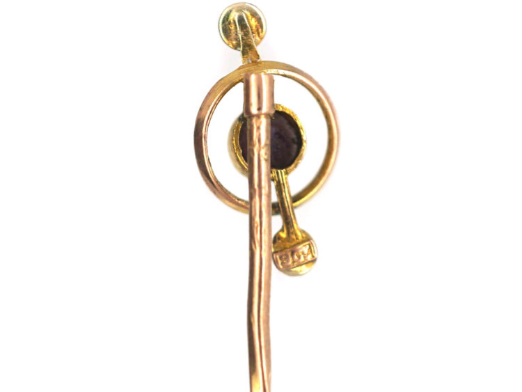 Edwardian 9ct Gold Tie Pin set with a Garnet & Two Natural Split Pearls