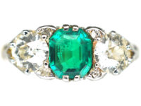 Victorian 18ct Gold, Emerald & Diamond Three Stone Carved Half Hoop Ring