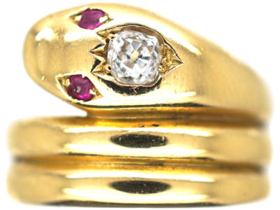Victorian 18ct Gold Snake Ring set with a Diamond & Ruby Eyes