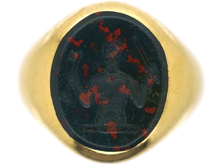 18ct Gold Signet Ring with Bloodstone Intaglio of a Crest of a Man With Sword & Key