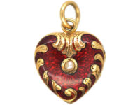 Edwardian 15ct Gold, Natural Split Pearl & Strawberry Red Enamel Heart Shaped Locket